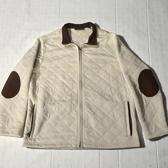 Daniel Cremieux Other - Cremieux Mens XL Quilted Jacket Cream Brown Elbow Patch Full Zip Excellent